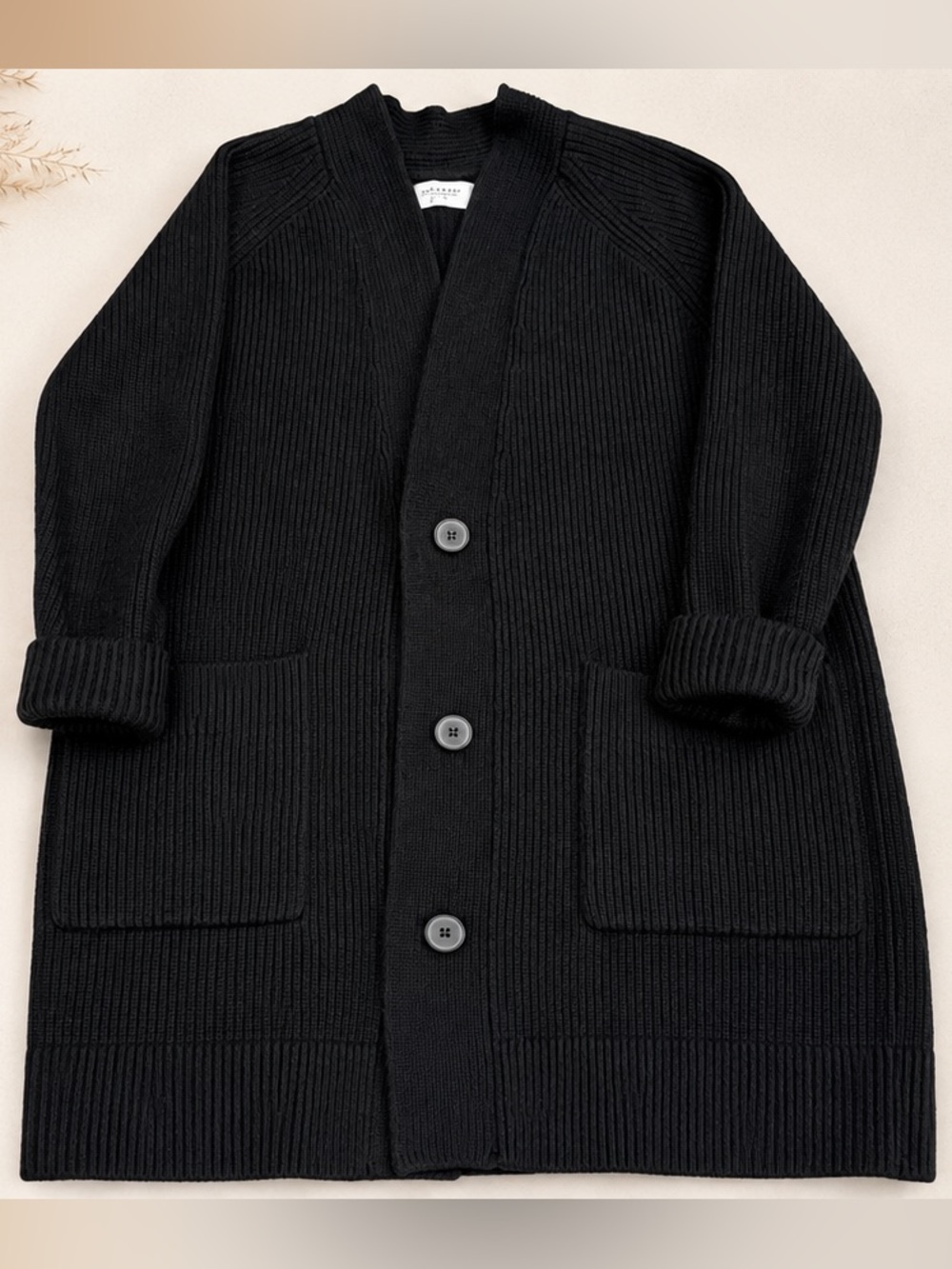 Everlane Black Ribbed Long Oversized Cardigan Sweater Pockets 100% Wool
